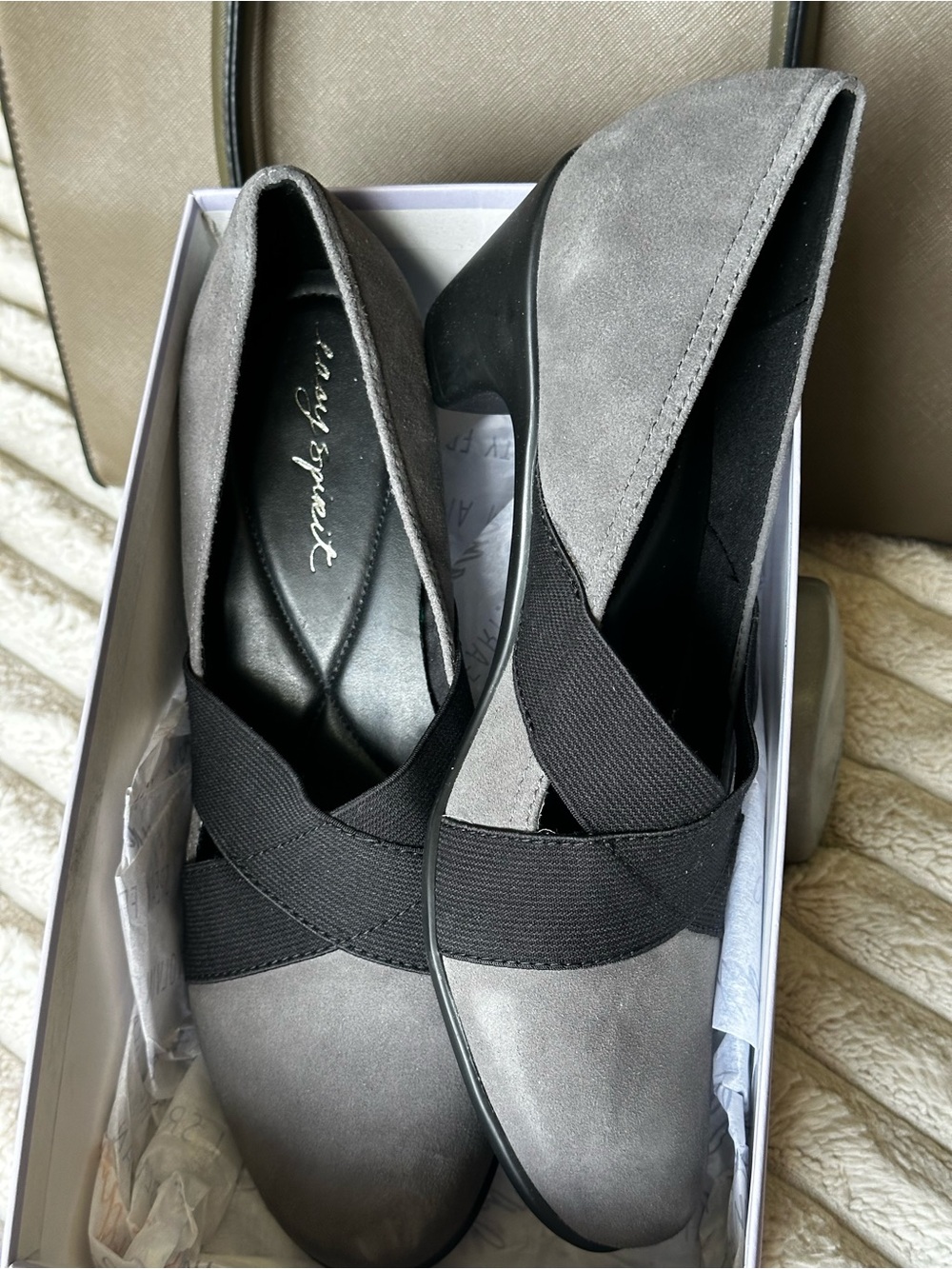 Easy Spirit Gray Suede Low Block Heel Pumps with Black Elastic Crossover